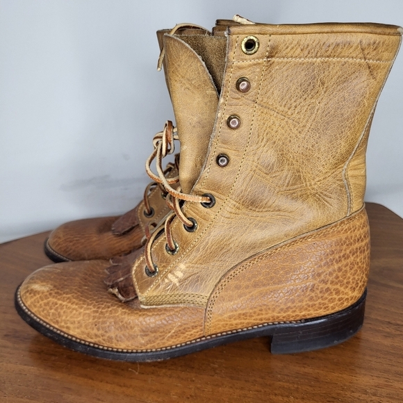 JUSTIN MENS RARE'630'KILTED LACE PACKER-STYLE BOOT CHEYENNE/BULLHIDE 7.5 B - Picture 7 of 13